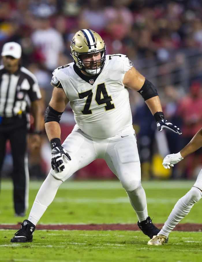 New Orleans Saints offensive tackle James Hurst (74) against the Arizona Cardinals. Mandatory Credit: Mark J. Rebilas-USA TODAY Sports
